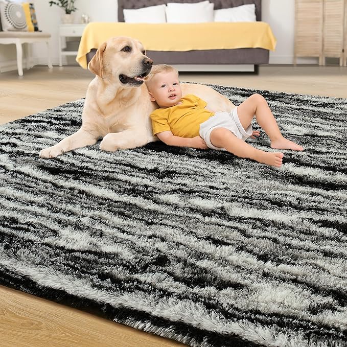 Tepook Fluffy Large Rugs for Living Room, Shag Area Rug 6x9 Soft Carpet for Bedroom, Modern Shaggy Rug for Kids Boys Girls, Plush Indoor Nursery Home Decor Rug with Non-Slip Bottom, Black White