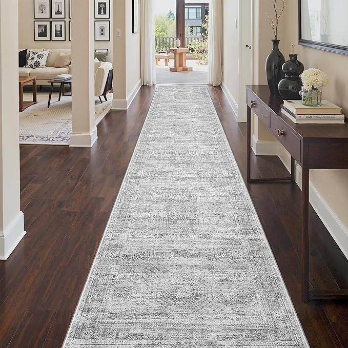 3x18 Washable Runner Rug for Hallway, Non-Slip Long Hallway Runner for Entryway, Soft Vintage Kitchen Mats for Floor, Abstract Dining Room, Bedroom, Living Room Rugs(3'x18', Grey/Ivory)