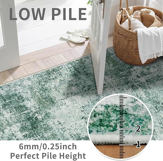 3x12 Washable Hallway Runner Rug: Non Slip Carpet Runners Easy-to-Clean - Soft Living Room Bedroom Kitchen Rugs - Thin Low Pile Printed Floor Mat for Dining Room Neutral Green