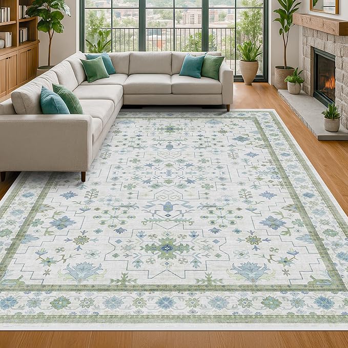 Hazo Haus Blue and Green Living Room Rug 7x10 - Cream Oushak Vintage Boho Floral Farmhouse, Washable Low Pile Non-Slip Extra Large Area Rugs for Bedroom, Kids, Lounge