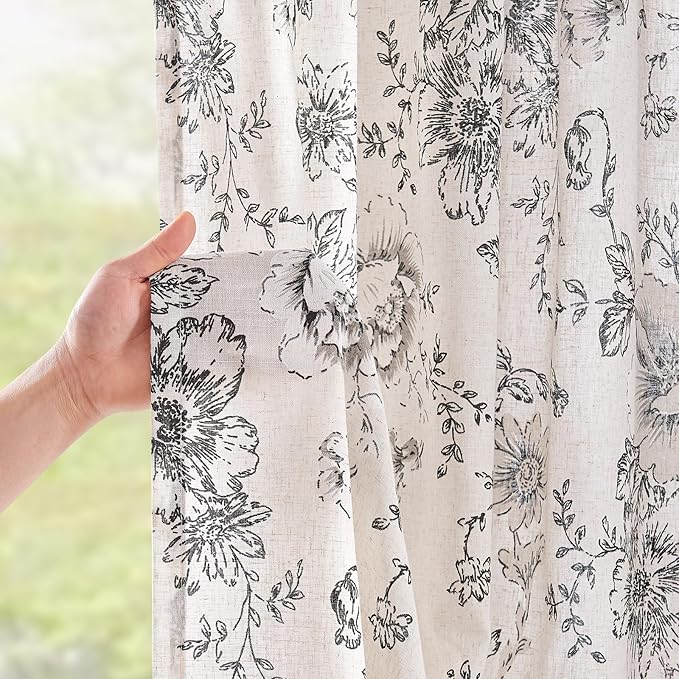 jinchan Linen Blend Curtain Floral Curtains for Living Room 90 Inch Length Black Printed Curtain Rod Pocket Back Tab Farmhouse Peony Flower Patterned Drapes Bedroom Window Curtains Set 2 Panels