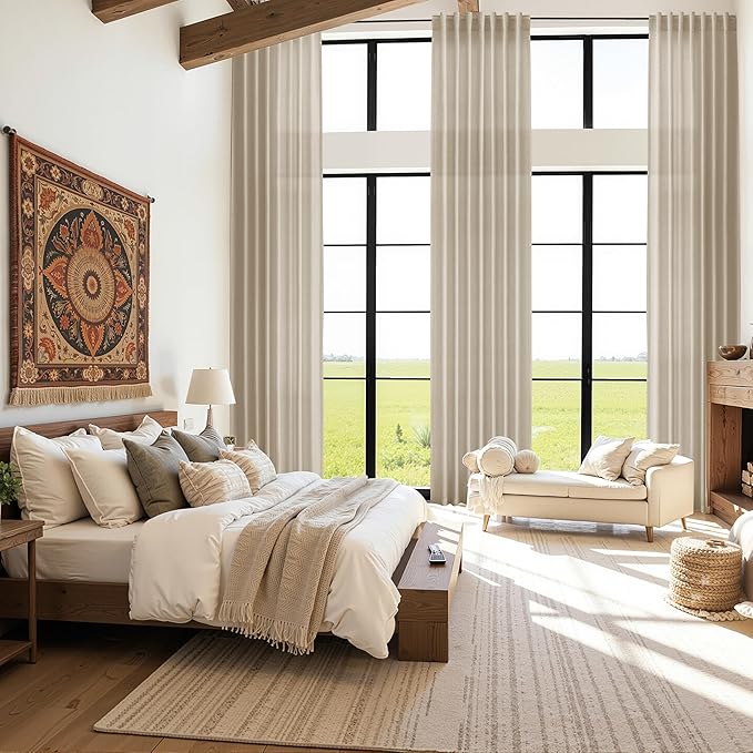 Eggshell Beige Linen Curtains for Living Room 126 Inches Long Light Filtering Semi Sheer Curtain Back Tab Rustic Farmhouse Decor Drapes Floor to Ceiling High Window for Bedroom 52x126, 2 Panels