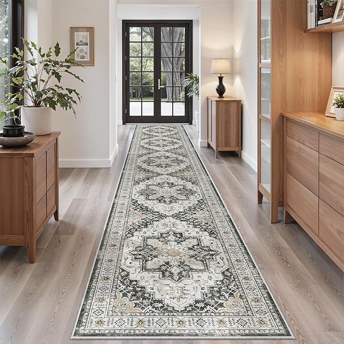 Madane Hallway Runner Rug 2'6''x16' Kitchen Runner - Non Slip Vintage Runners for Hallways Washable Kitchen Rugs Soft Low Pile 2.5x16 ft Rug Runner for Laundry Room, Entryway and Bedroom, Black