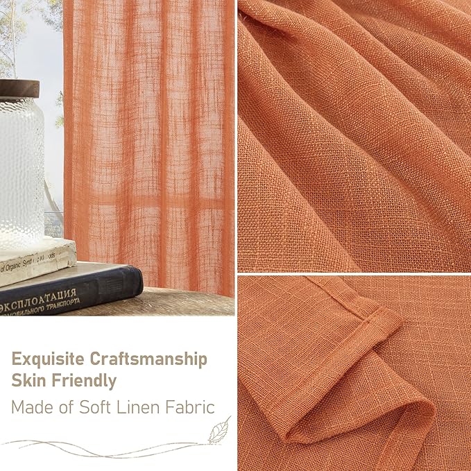 LAMIT Burnt Orange Sheer Linen Curtains, 80 inch Light Filtering Semi Sheer Panels Back Tab and Rod Pocket Farmhouse Rust Drapes for Bedroom/Living Room, 2 Panels, 52 x 80 Inch