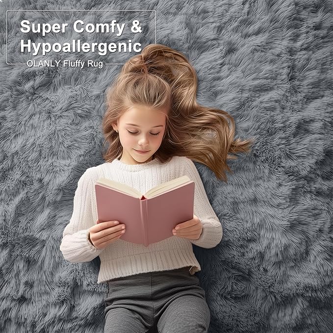OLANLY 4x7 Area Rugs for Living Room Bedroom, Machine Washable Soft Fluffy Shaggy Bedside Rug, Indoor Floor Carpet for Kids Girls and Boys, Dorms, Nursery Rooms, Home Decor Aesthetic, Grey