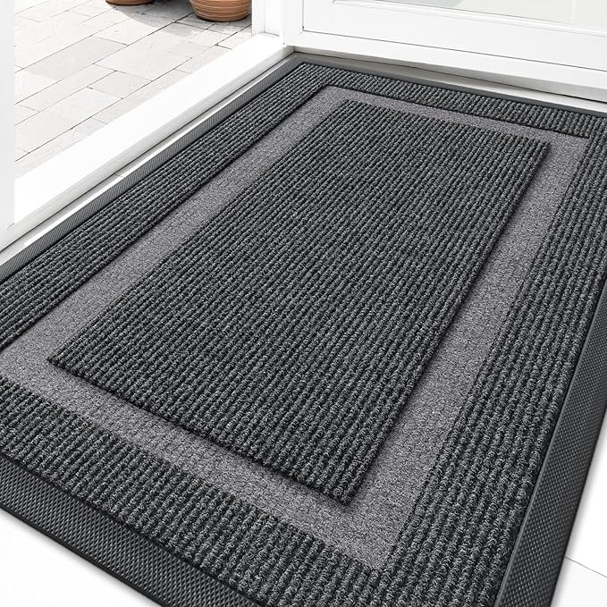 OLANLY Front Door Mat Indoor Outdoor Entrance, Waterproof All-Season, All-Weather Doormat, Sturdy Natural Rubber, Fade Resistant, Low Profile, Easy Clean Patio Porch Entryway Mat, 33x21, Grey