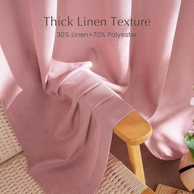 NICETOWN Linen Pink Curtains for Girls Room, Grommet Thick Flax Semi Sheer Window Treatments Privacy Assured with Light Filtering for Bedroom/Kids Room, 2 Panels, W55 x L84