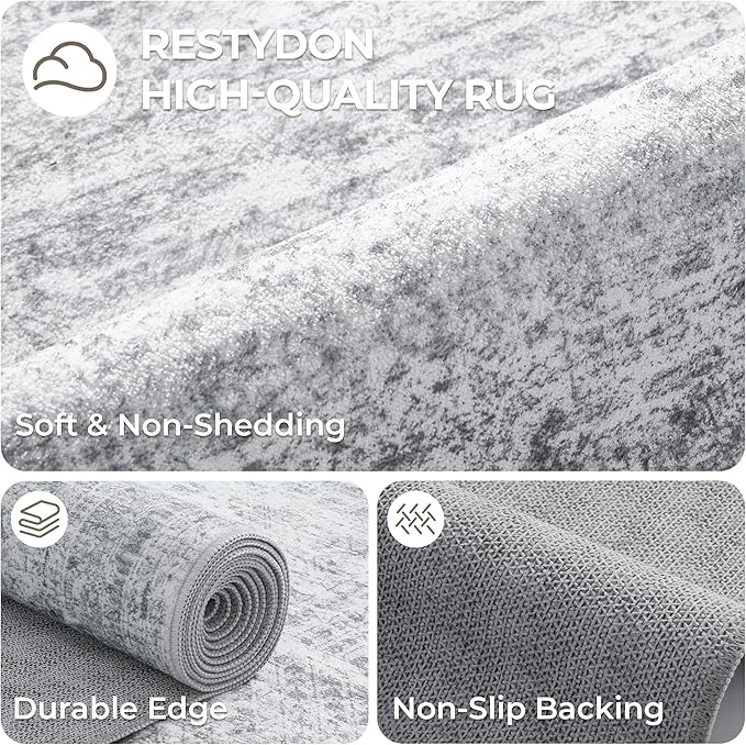 Kitchen Runner Rugs Non Skid Washable - 2.5 x 10 Runner Rug with Anti Slip Backing, Ultra-Thin Soft Rug Runner for Hallway, Bedroom, Living Room (2.5'x10', Grey/Ivory)