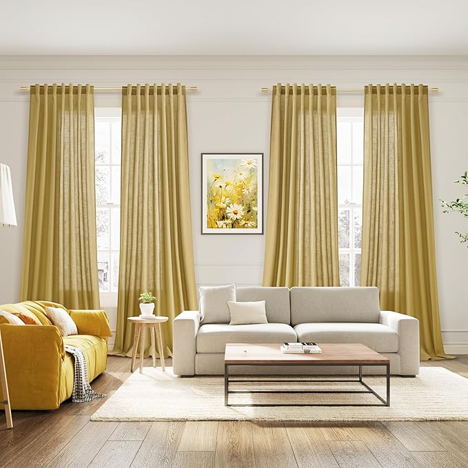 Nanspring Gold Linen Curtains 84 Inch Length 2 Panels Set for Living Room Rod Pocket Back Tab Light Filtering Window Drapes for Bedroom Dining Room Protect Privacy Modern Farmhouse Decor 52x84