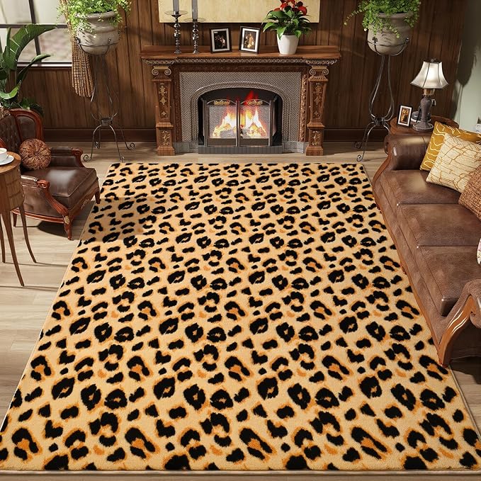 Amearea Soft Leopard Rugs for Bedroom Living Room, 3x5 Modern Cheetah Print Thickened Memory Foam Rug, Fluffy Indoor Washable Animal Rug Carpet for Kids Boys Girls Dorm Nursery Room Home Decor, Khaki