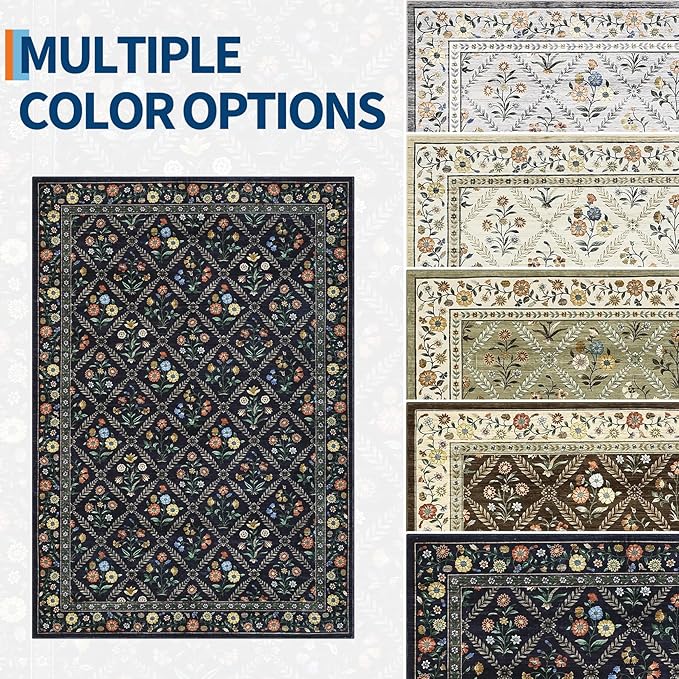 GarveeHome Living Room Rug 5x7 Rug Machine Washable Stain Resistant Area Rug Non Slip Floral Vintage Low Pile Rugs for Living Room, Bedroom, Farmhouse, Dining Room, Kids PlayroomNavy&Black