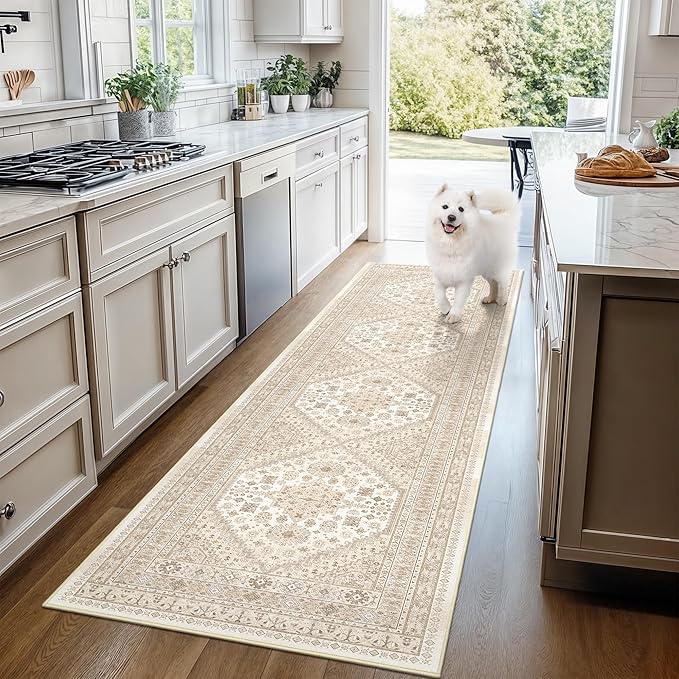 Carpet Runners for Hallway 12ft, Non-Slip Long Bathroom Rugs Runner for Kitchen, Living Room, Soft Vintage Washable Rug for Entryway, Thin Floor Mat for Dining Room(Cream/Beige,2.5'x12')