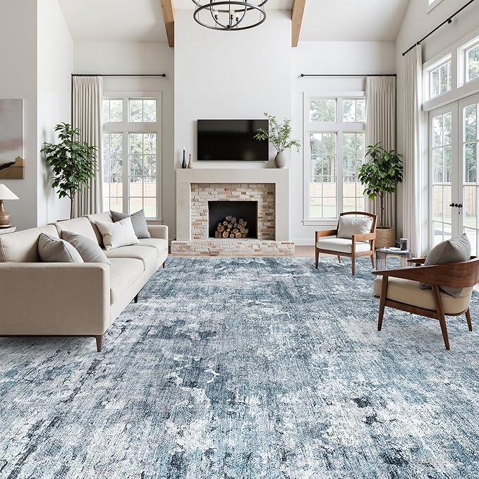10x14 Area Rugs for Living Room, Non Slip Machine Washable Vintage Rugs, Low Pile Lightweight Large Rug for Bedroom, Dining Room, Home Office Blue