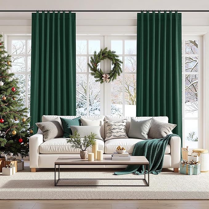 Guken Dark Green 100% Blackout Curtains 96 Inch Length 2 Panels Set for Living Room Bedroom Back Tab Thermal Insulated Black Out Linen Drapes Decor 52x96 Long