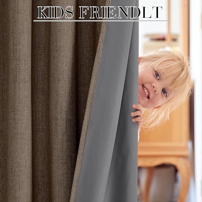 RYB HOME Coffee 100% Blackout Linen Curtains 72 inch Long, Thermal Insulated & Privacy Assurd Drapes for Bedroom/Office/Nursery, Rod Pocket & Back Tab Window Treatment, W52 X L72, 2 Panels