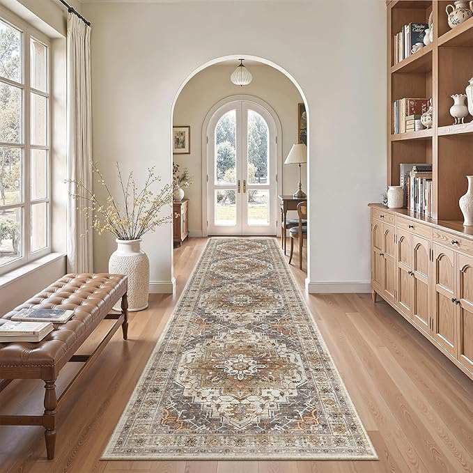 Madane Hallway Runner Rug 2'6''x12', Non Slip Vintage 12ft Runners for Hallways Washable Kitchen Rugs Soft Low Pile 2.5x12 ft Rug Runner for Laundry Room, Entryway and Bedroom, Turmeric/Grey