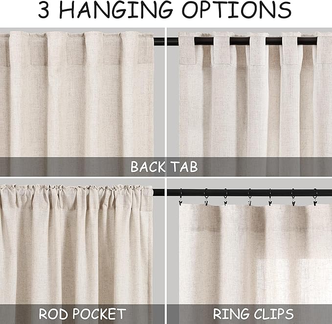 Linen Beige Curtains Back Tab Sheer Curtains 90 Inches Long for Living Room 2 Panels Rod Pocket Neutral Semi Sheer Light Filtering Pleated Curtain Drapes Linen Farmhouse Dining Room Curtain 42x90