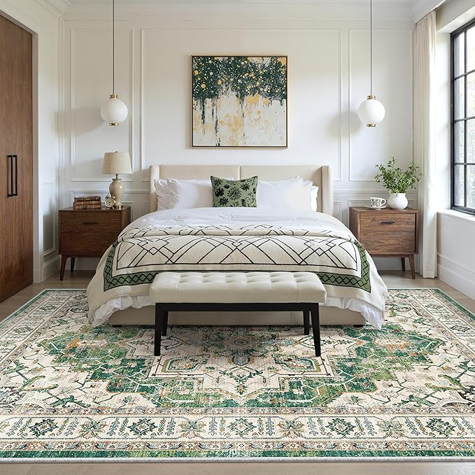 zesthome WashableRug 5x7 Area Rugs,Stain Resistant Rugs for Living Room,Bedroom,Non-Slip Backing Home Decor Rug, Vintage Medallion Pattern Rugs (Green,5'x7')