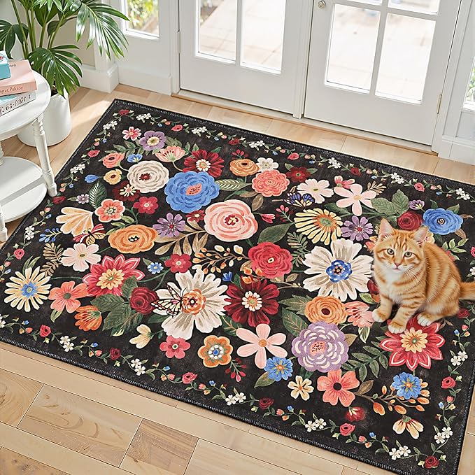 Black/Brown Floral Rug for Entryway, 2x3 Washable Kitchen Mat Ultra-Thin Soft, Non-Slip Indoor Door Carpet Stain Resistant Boho Small Low-Pile Throw for Bathroom Bedroom (2 x 3, Black/Brown)