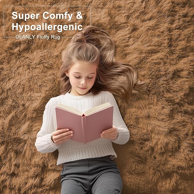 OLANLY 9x12 Machine Washable Large Area Rugs for Living Room, Bedroom, Soft Fluffy Shaggy Bedside Rug, Indoor Floor Carpet for Kids Girls and Boys, Dorms, Home Decor Aesthetic, Khaki