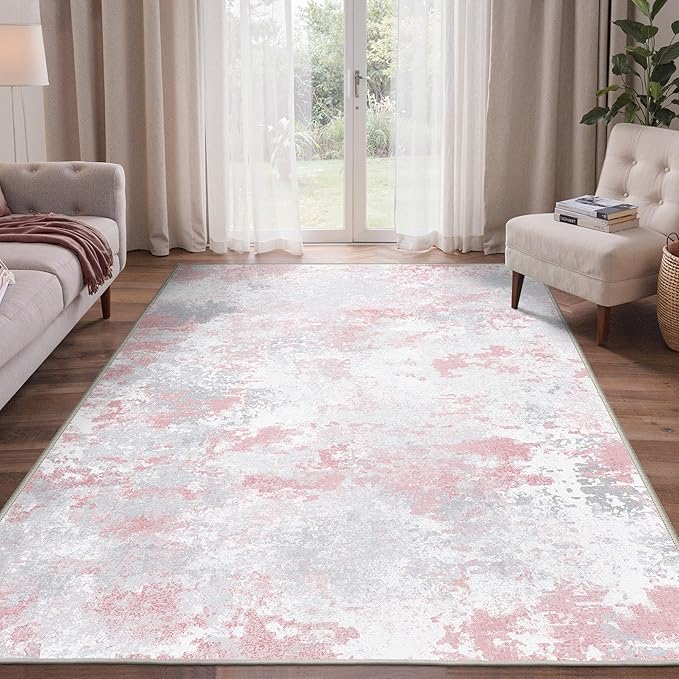 Area Rugs 5x7 for Living Room Bedroom, Modern Abstract Machine Washable Rug, Large Soft Low Pile Floor Carpet with Non Slip Backing for Dining Room, Light Pink
