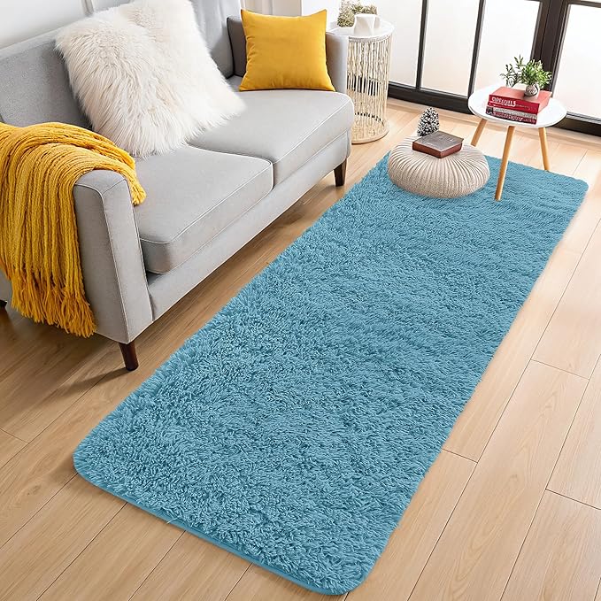 OLANLY 2x5 Machine Washable Runner Rugs for Hallway, Soft Fluffy Shaggy Bedside Rugs for Bedroom, Living Room, Indoor Floor Carpet for Kids Girls and Boys, Home Decor Aesthetic, Slate Blue