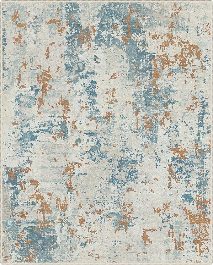 Area Rugs 8x10 for Living Room Bedroom, Modern Abstract Machine Washable Rug, Large Soft Low Pile Floor Carpet with Non Slip Backing for Dining Room, Teal and Terracotta