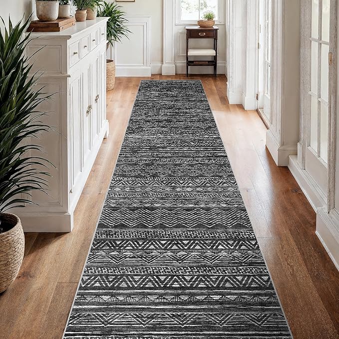 3x15 Washable Kitchen Runner Rug: Modern Moroccan Runners for Hallway Soft Non Slip Rugs with Rubber Backing Low Pile Thin Waterproof Floor Carpet for Entryway Bedroom Bathroom Indoor 3x15 Black