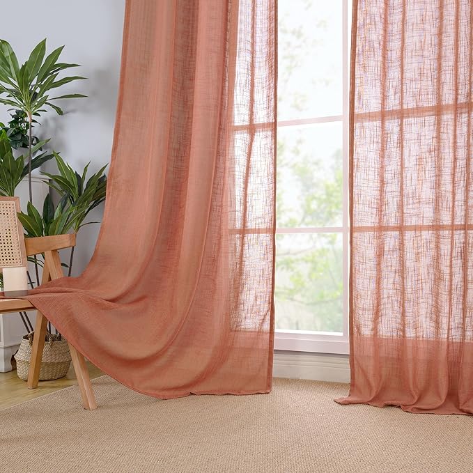 LAMIT Light Filtering Linen Curtains 72 inches Long for Bedroom, Linen Textured Semi Sheer Back Tab and Rod Pocket Boho Drapes for Window/Living Room, Terracotta, 2 Panels, 34 x 72 Inch