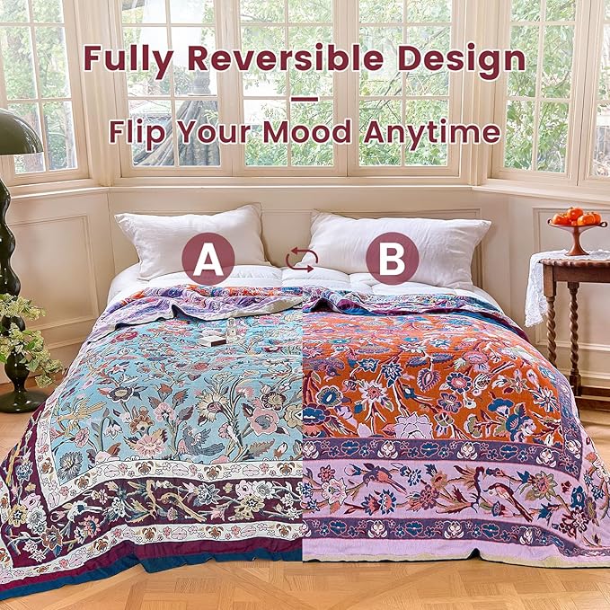 MSGKV Boho Throw Blanket for Couch 50"x60" 100% Cotton Sofa Floral Bird Blanket Spring Breathable Lightweight Muslin Home Decorative Blankets