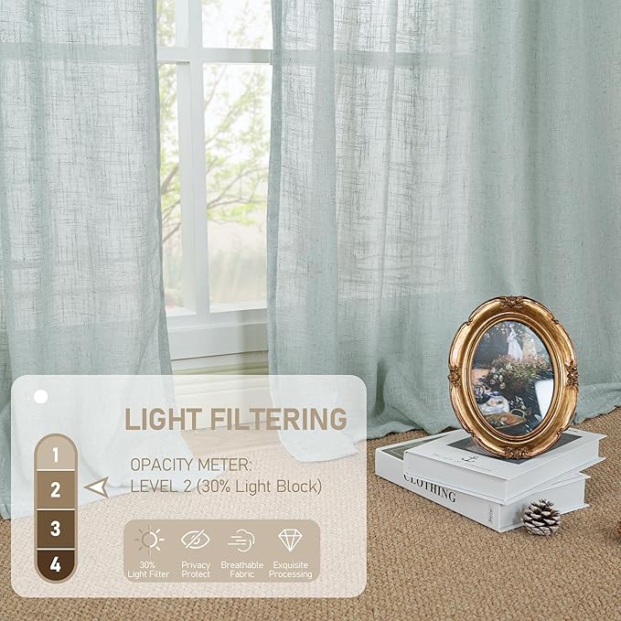 LAMIT Greyish Blue Linen Curtains 45 Inches Long for Bedroom, Light Filtering Panels Back Tab and Rod Pocket Neutral Drapes for Kitchen/Window/Loft Room, 52 x 45 Inch, 2 Panels