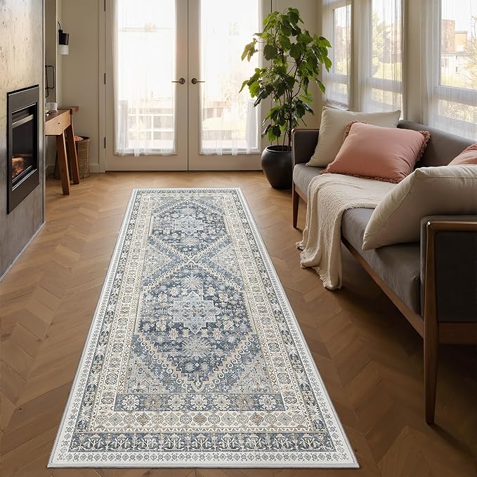 Runner Rug 2x6, Ultra-Thin Entryway Rug Non Slip Washable Rugs for Laundry Room, Runners for Hallways, Vintage Soft Rugs for Living Room, Kitchen, Bedroom(Blue/Beige,2'x6')