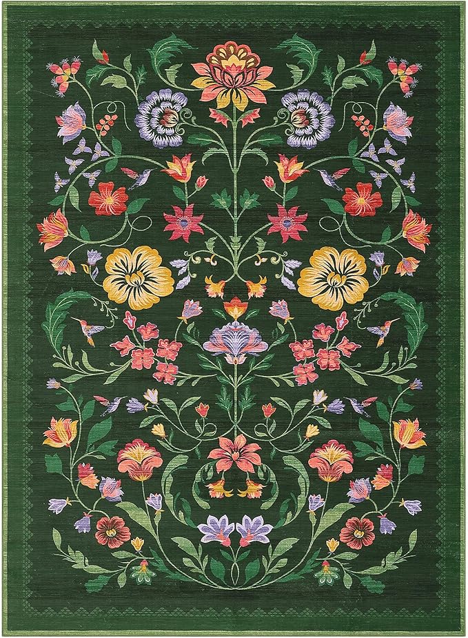 Washable Rug 8x10 Area Rugs for Living Room, Protea Floral Rug for Bedroom, Soft Vintage Non Slip Throw Rugs with Rubber Back, Low Pile Stain Resistant Boho Floral Carpet for Dining Room, Forest Green