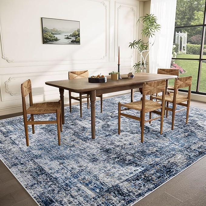 Area Rug 8x10 Washable Rug, Vintage Boho Medallion Rugs Non-Slip Soft Low Pile Large Distressed Rug Indoor Retro Carpet for Living Room Bedroom Dining Room Home Office (Blue, 8'x10')