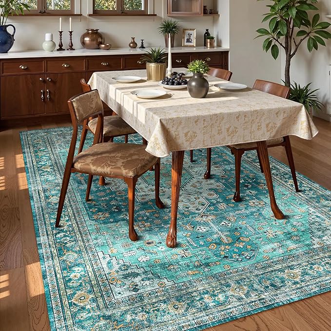 Washable Area Rug 5' x 7' Vintage Traditional Persian Mat - Foldable Distressed Non-Slip Machine Washable Carpet for Living Room Bedroom Kitchen Home Decor - Teal and Gold