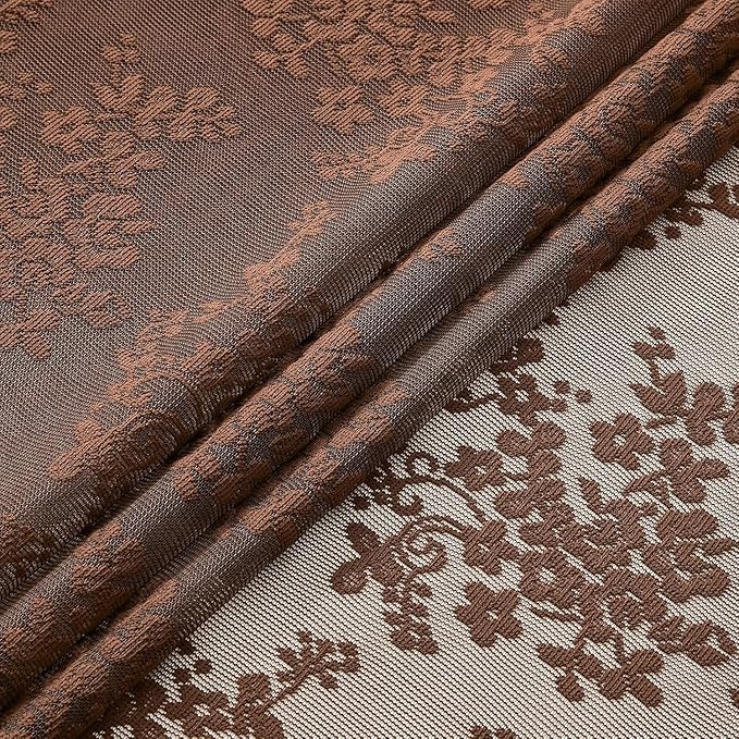 YJ YANJUN Vintage Lace Curtains 108 Inches Long-Victorian Floral Pattern Brown Sheer Curtain Panels for Living Room Tall Windows,Light Filtering, Rustic Farmhouse Neutral Decor 2 Panels 52W x 108L