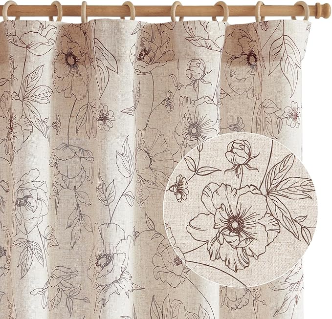 jinchan Floral Linen Curtains for Living Room 96 Inch Length Brown Flower Curtain Rod Pocket Back Tab Farmhouse Curtains with Printed Floral Bedroom Window Curtain Set, 2 Panels Brown