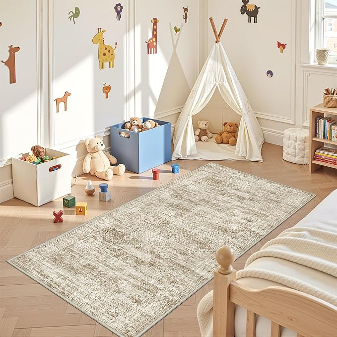 3x6 Runner Rug Non Slip, Thin Entryway Washable Rug for Entryway, Runners for Hallways, Low Pile Vintage Abstract Soft Rugs for Living Room, Kitchen, Bedroom(3'x6', Brown/Ivory)