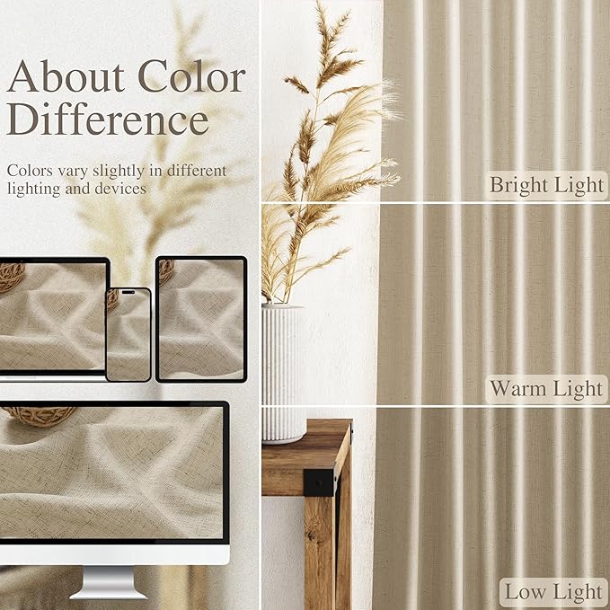 Eggshell Beige Linen Curtains for Living Room 98 Inches Long Light Filtering Semi Sheer Curtain Back Tab Rustic Farmhouse Decor Burlap Luxury Boho Drapes for Bedroom Dinner Room 52x98, 2 Panels