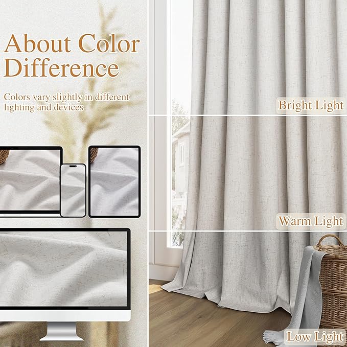 Guken Natural 100% Blackout Curtains 112 Inch Length 2 Panels Set Neutral Linen Farmhouse for Bedroom Back Tab Thermal Insulated Black Out Drapes Room Darkening Window Curtain 112 Inches Long