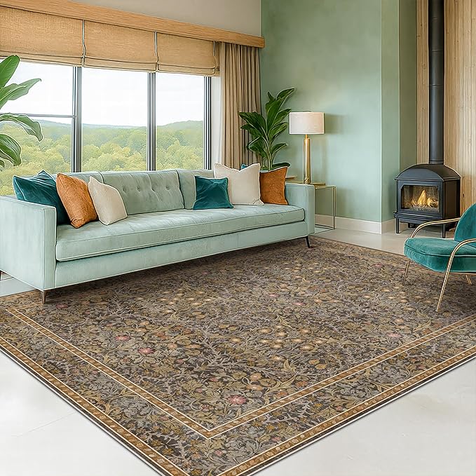 Gold Brown Floral Living Room Rug 5x7 - Vintage Forest Washable Area Rugs for Dining Room, Bedroom, Oriental Distressed Low Pile Non Slip Stain Resistance Indoor Earthy Carpet