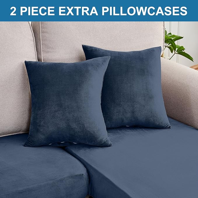 Couch Cover 8-Piece Elastic Velvet Couch Cushion Covers & Chaise Slipcovers for L-Shaped Sofas, Sofa Seat Covers Washable, Soft Cover for Couches (7 Seater + Chaise, Berlin Blue)