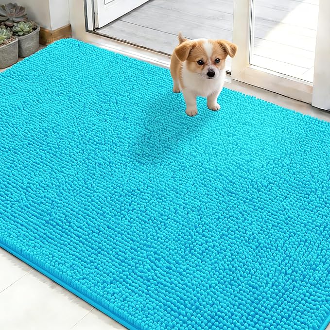 OLANLY Dog Door Mat for Muddy Paws 48x30, Absorbs Moisture and Dirt, Absorbent Non-Slip Washable Doormat, Quick Dry Chenille Mud Mat for Dogs, Entry Indoor Entryway Carpet for Inside Floor, Aqua Blue