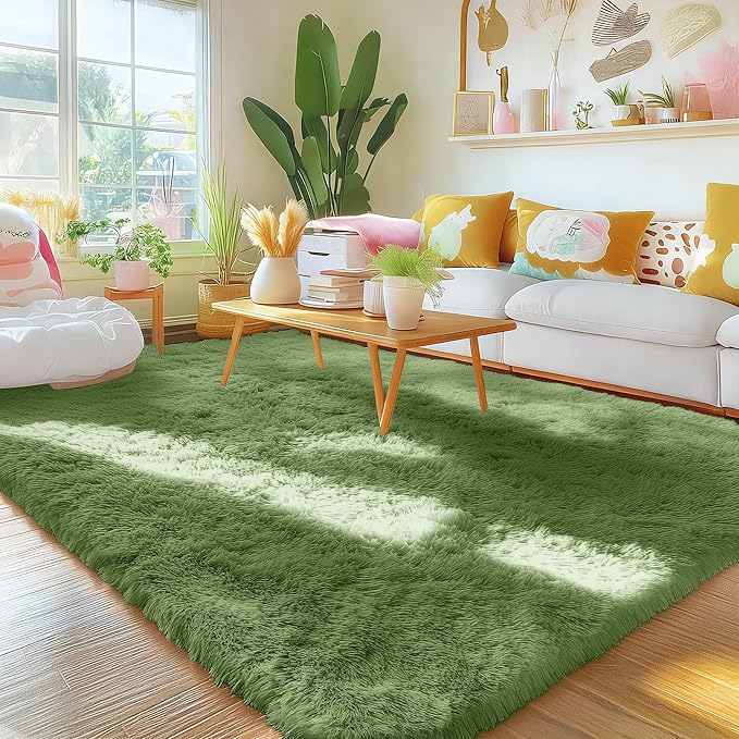 OLANLY Area Rugs for Living Room Bedroom, Machine Washable 4x5.9 ft Soft Fluffy Shaggy Bedside Rug, Indoor Floor Carpet for Kids Girls and Boys, Dorms, Nursery Rooms, Home Decor Aesthetic, Green