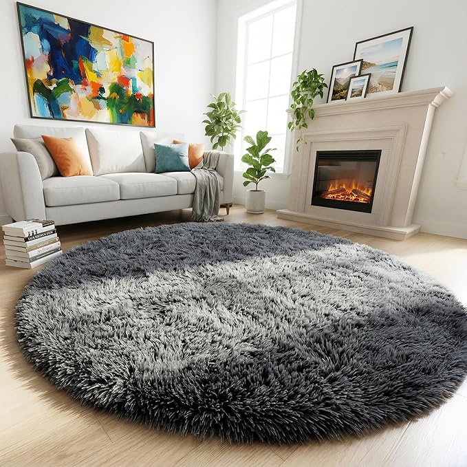 Amdrebio Grey Round Rugs 6Ft for Bedroom Living Room Decor, Fluffy Shaggy Circle Area Rug for Kids Room Classroom Playroom, Large Furry Floor Circular Gray Carpet for Teen Girls Boys Nursery Dorm