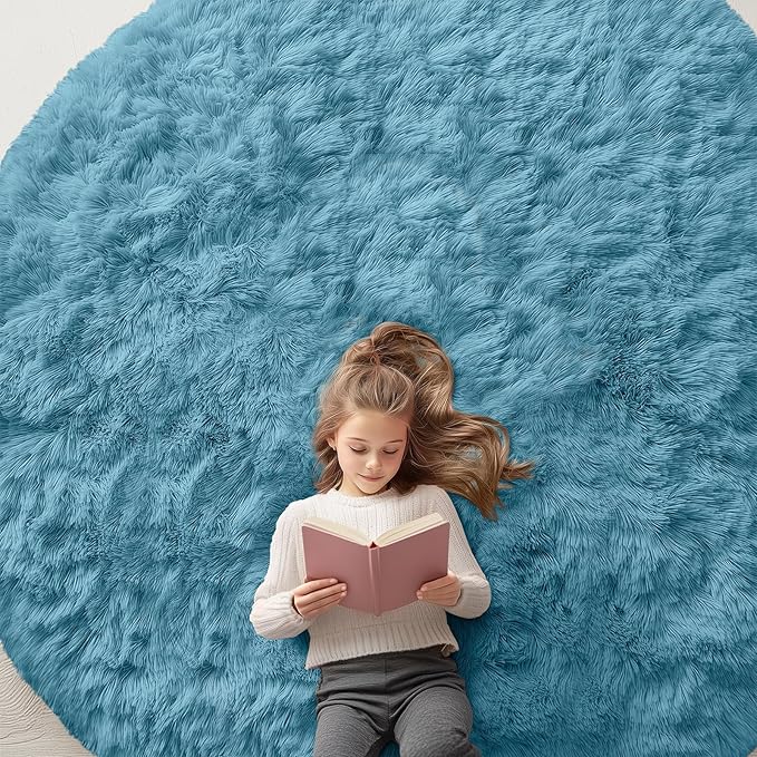 OLANLY Slate Blue Round Rugs for Bedroom - Machine Washable, 9 ft Circle Area Rugs for Living Room, Soft and Fluffy Shaggy Carpet for Teen Girl and Boys, Nursery Rooms, Dorms, Home Decor Aesthetic