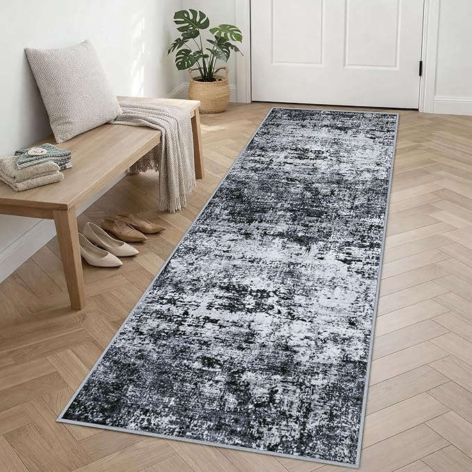 2.6'x8' Runner Rug Washable Rug;Modern Abstract Soft Thin Runner Rug Black