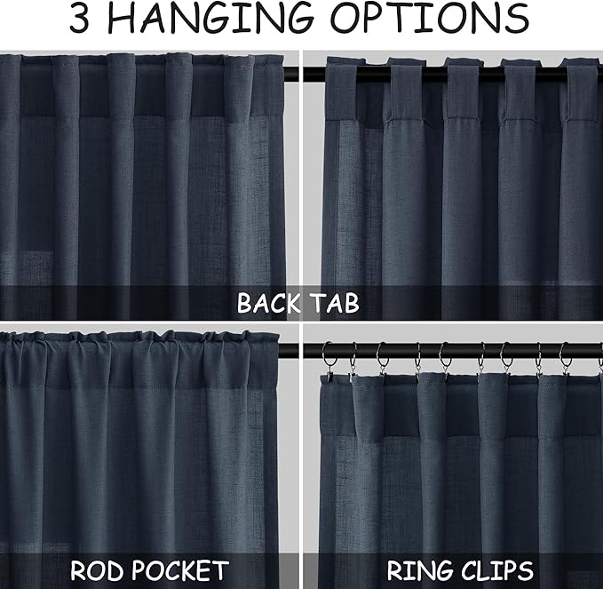 Nanspring Vintage Blue Linen Curtains 102 Inches Long Rod Pocket Back Tab Drapes 2 Panels Set for Living Room Light Filtering Semi Sheer Vintage Blue Curtain 102 Length for Patio Door Bedroom 52x102