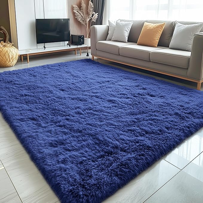 OLANLY 6x6 Area Rugs for Living Room Bedroom, Machine Washable Soft Fluffy Shaggy Bedside Rug, Indoor Floor Carpet for Kids Girls and Boys, Dorms, Nursery Rooms, Home Decor Aesthetic, Navy Blue