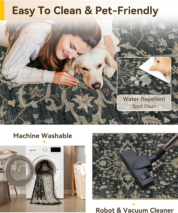 RELEANY Area Rugs 6'x9' Washable Non-Slip, Floral Vintage Distress Print Pattern Medallion Carpet for Living Room Bedroom Dining Room, Vintage Black Brown Neutral